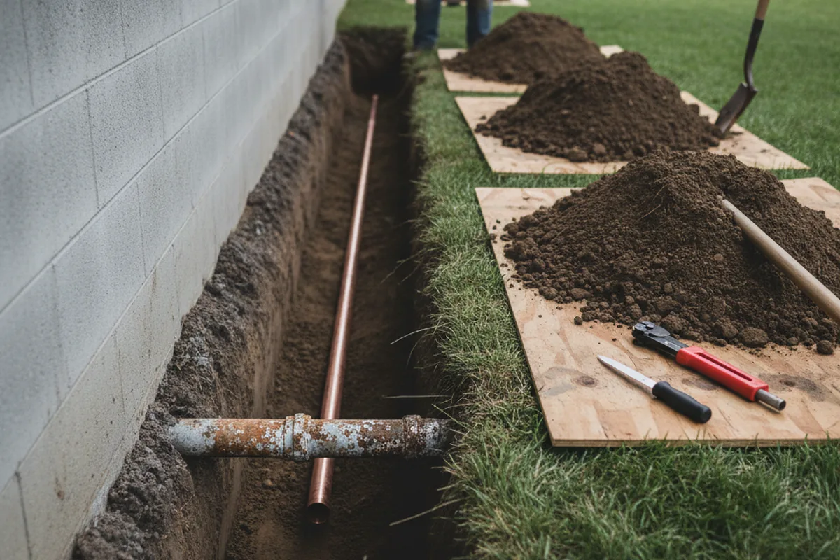 Excavated water line trench during Sewer Line Repair in Yucca
